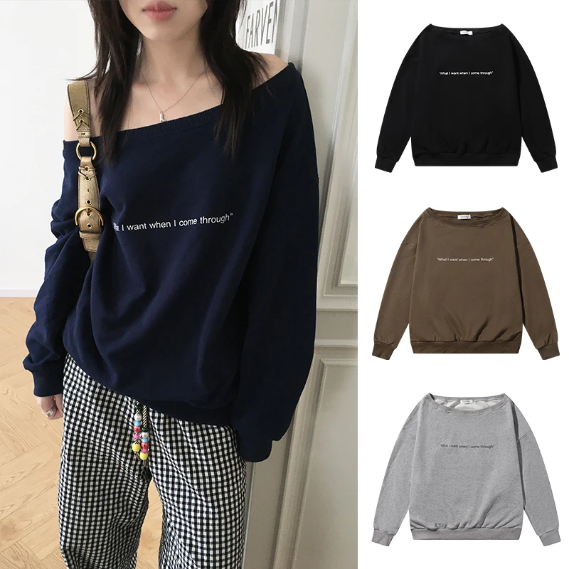

Sweetknit Korean Sle Lazy Pure Desire Diagonal oulder Hoodie Long Sve Women's Top Cotton 00% Autumn 2024 New Arrival