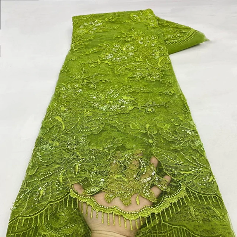 Nigerian Handmade Embroidery Beaded Lace Fabric, African Sequins Tulle Mesh Lace Fabric For Bridal Wedding Dress Sewing Material