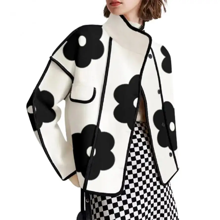 Women Spring Autumn Jackets Fashion Black Flower Print High-Neck Long Sleeves Buttoned Casual Outerwear Coats