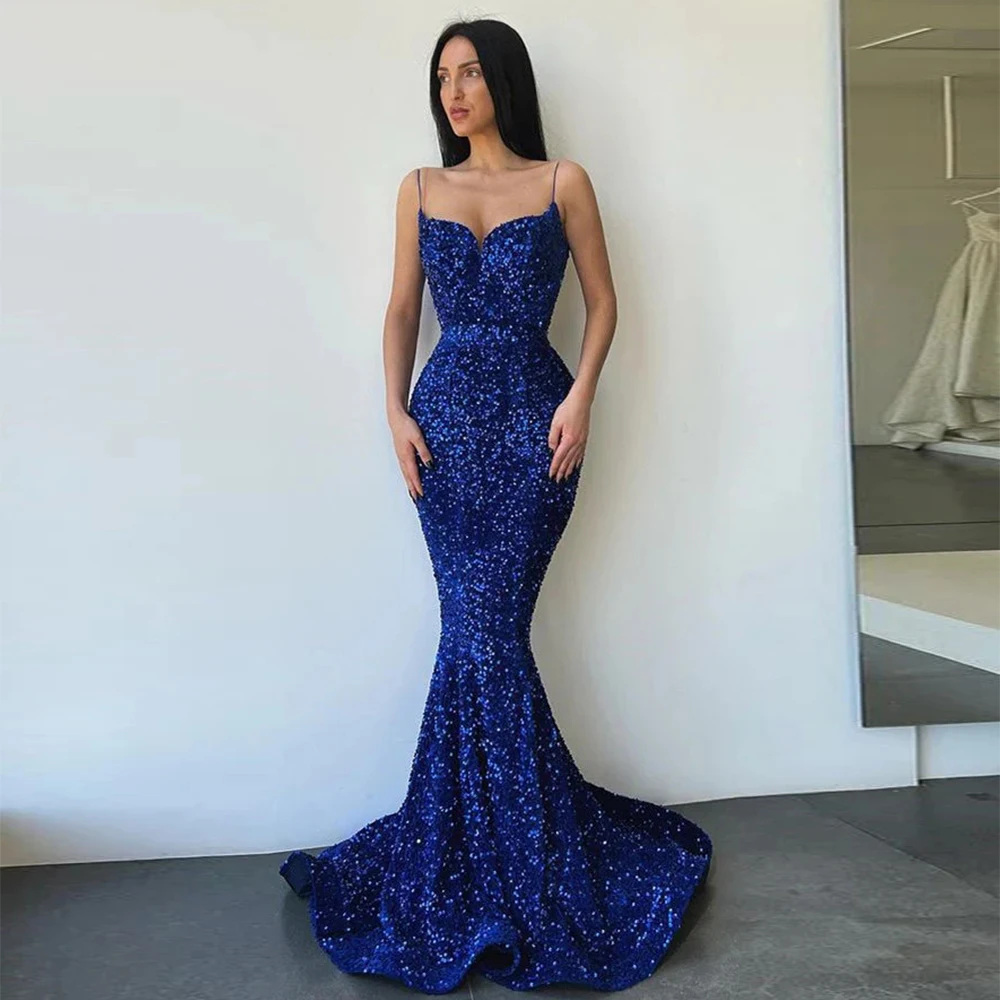 Glittering Sequin Mermaid Princess Sexy Strapless Prom Gowns Robe Blue Simple Evening Dresses 2023 Vestidos Formal Beach Party