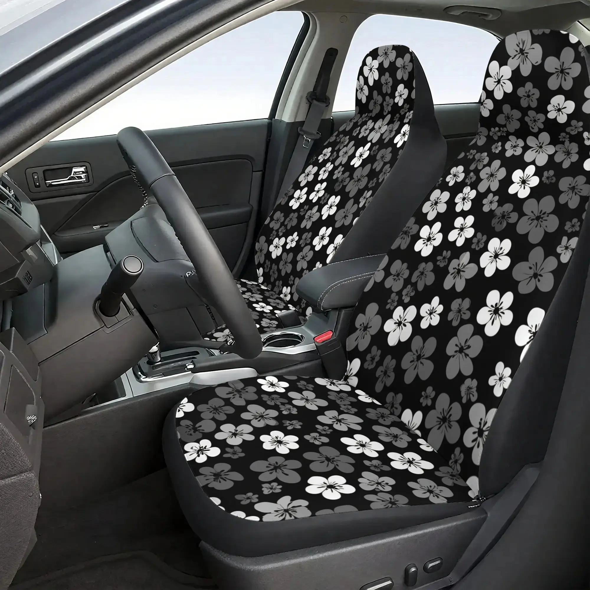7pcs Cherry Blossom Print Car Seat Covers Set For 2D Vehicles - Featuring 2 Front Seat Covers, 1 Rear Seat Back Cover, 1 Rear Se