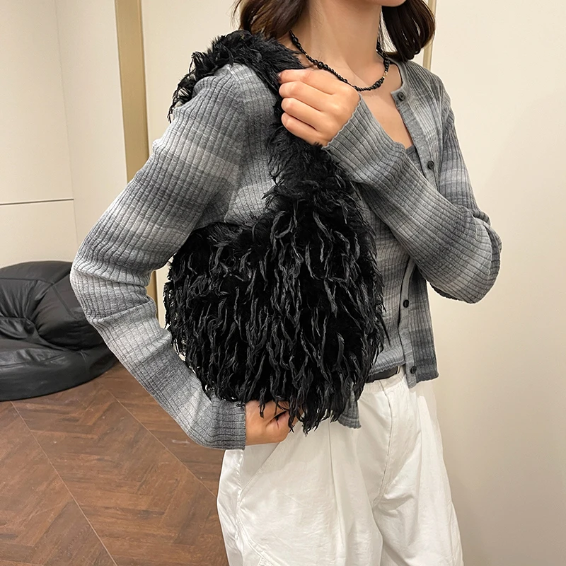 Korean Style Fashionable Plush Bag Winter Work Commuter Handbag Large Capacity Women's Handbag Rabbit Fur Shoulder Bag