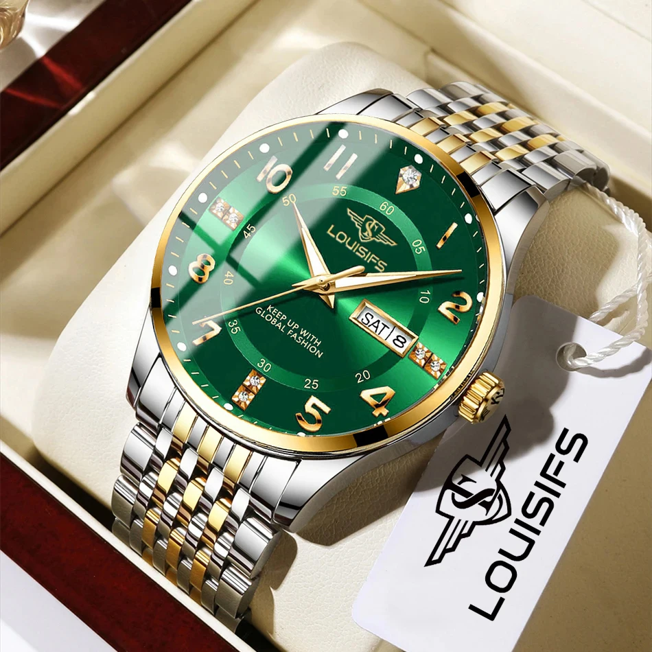 남성용 워터 다이아몬드 럭셔리 야광 더블 캘린더 쿼츠 무브먼트 40mm 블루 골드 스테인리스 스틸 패션 비즈니스 시계