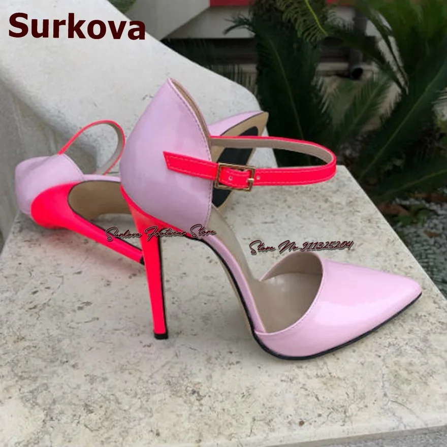 

Surkova Hot Pink Patent Leather Stiletto Heels Wedding Shoes Patchwork Color Buckle Strap Pointed Toe Dress Pumps 12cm 10cm 8cm