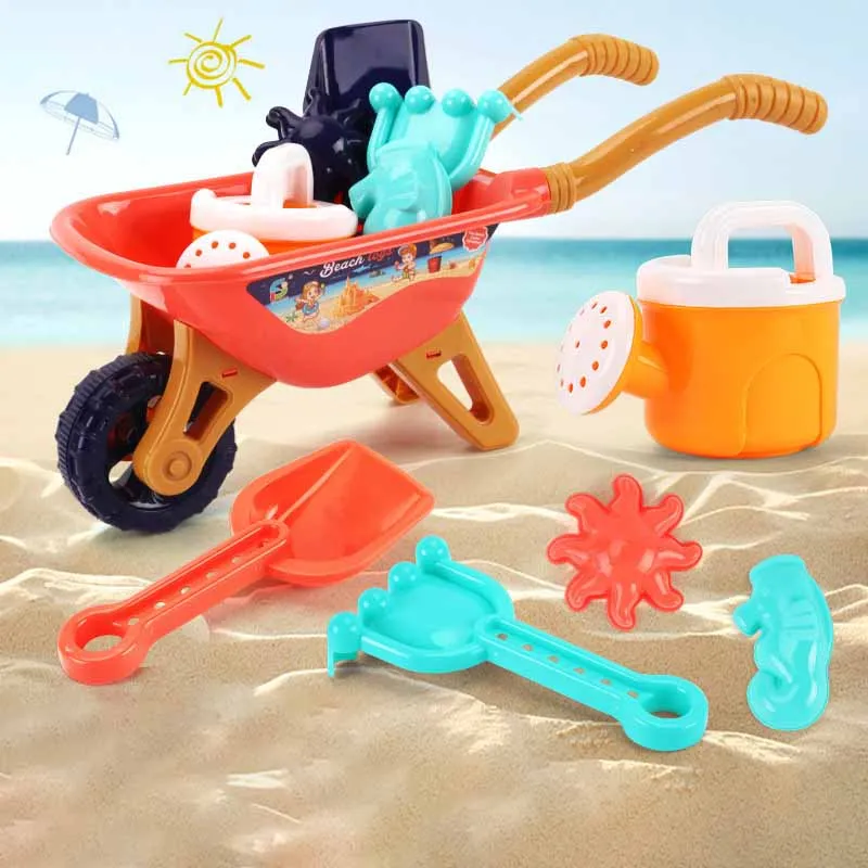 Summer Outdoors Children\'s Large Beach Toys Seaside Hand Pushcart Cartoon 6Pcs Sets Of Sand Digging Water Play House Toys Set