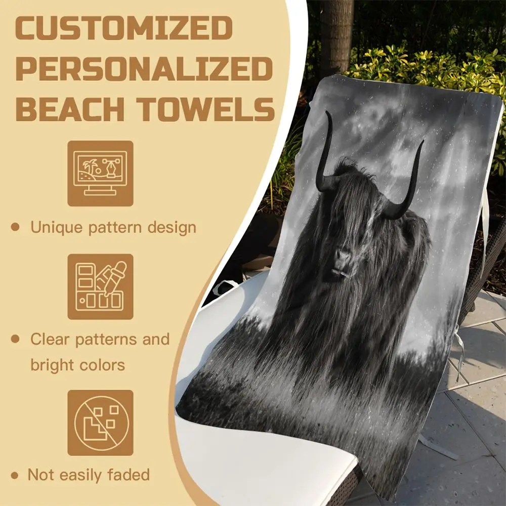 Highland Cow Print Beach Towel Moody Stormy Landscape Microfiber Bath Towel Soft Absorbent Quick Dry Outdoor Summer Gift