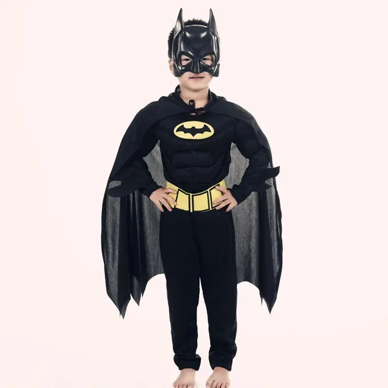 Hot Toys Cosplay Jumpsuit Kids Bat Hero Costume Suit with Cape Mask Men Superhero Wayne Cosplay Carnival Party Clothing