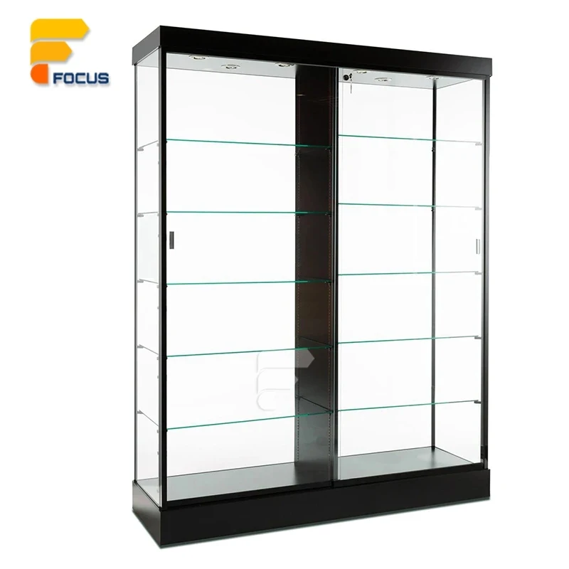 custom.Sleek Glass Display Showcase White Frame LED Lighting Multiple Shelves Jewelry Retail Display
