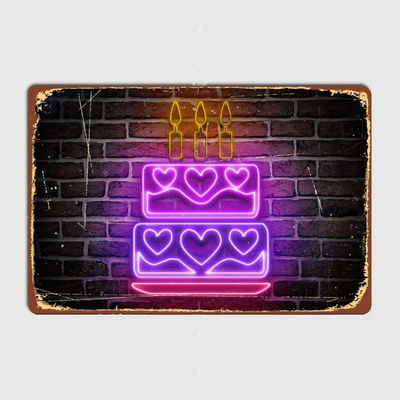 Happy Birthday cake Neon Sign Vintage Metal Poster Sign Custom Bar Interior Decor Posters Tin Home Wall Decor Room Decoration