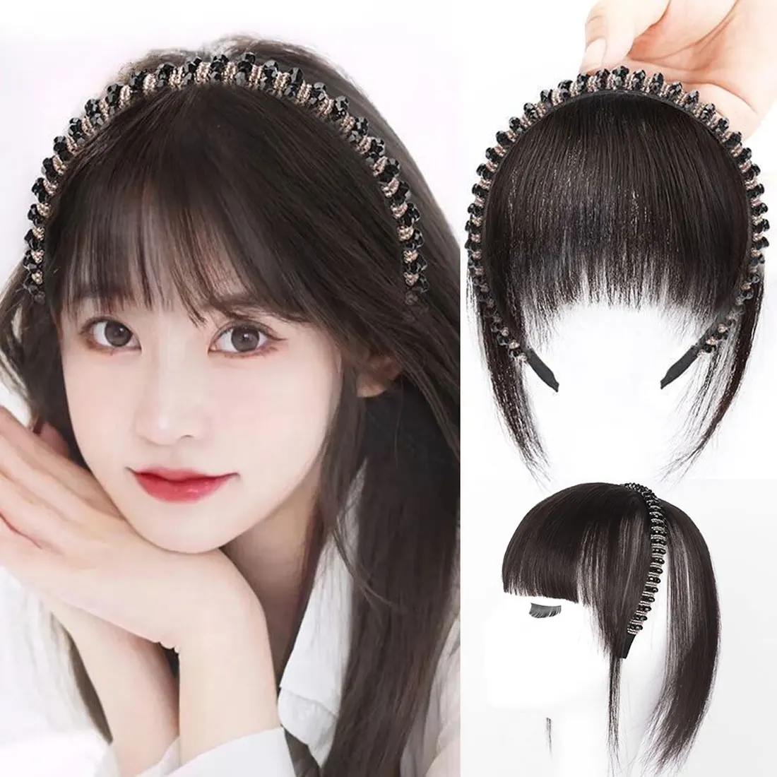 

Clip in Bangs Human Hair Wispy Bangs Fringe with Rhinestone Band Age reducing styling Hairpieces for Women Air Bangs
