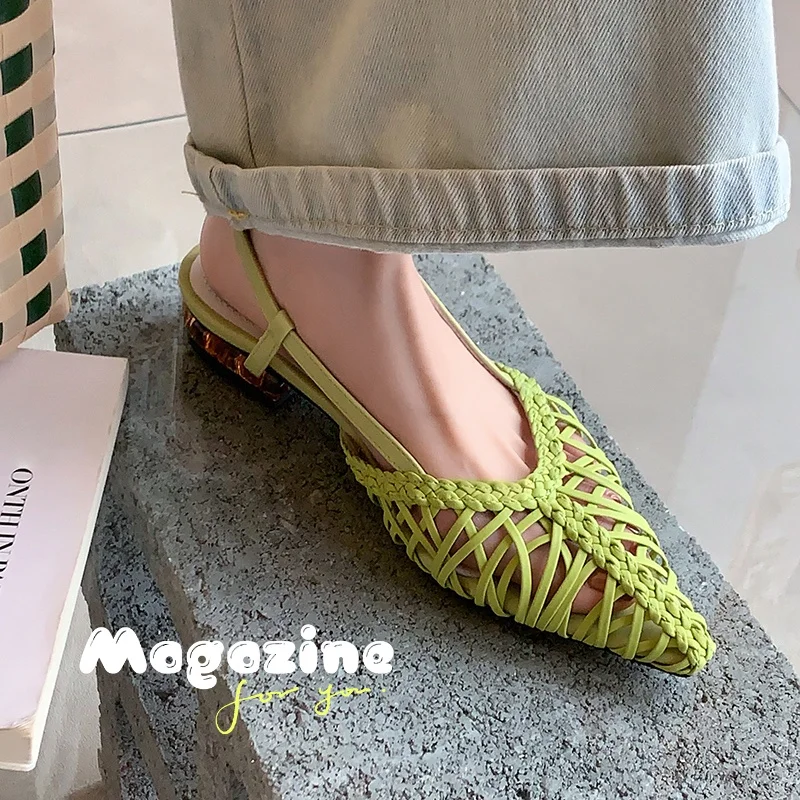 2026 new summer women sandals natural leather 22-25cm microfiber+sheepskin weave pointed toe ankle-buckle women shoes fashion