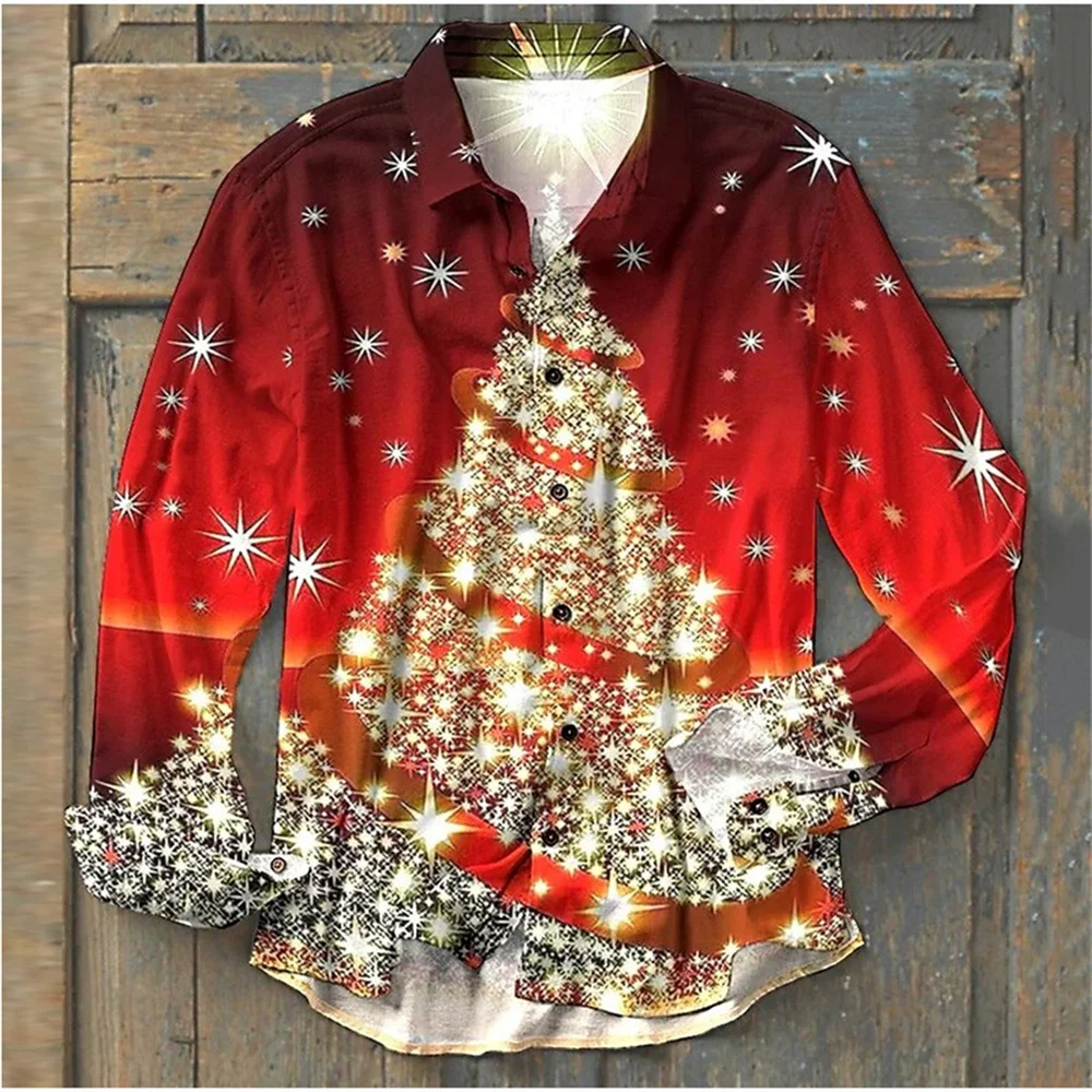 New Source Manufacturer Men\'s Shirt Christmas Style Fashion Long Party Golden Snowflake New Year Christmas Button Shirt XS-6xl