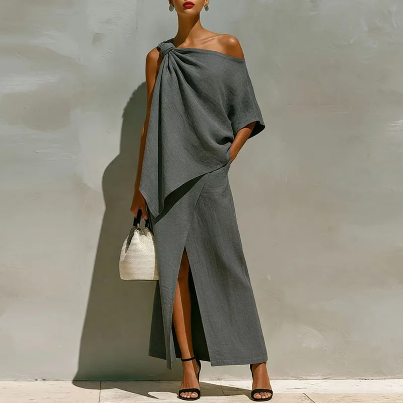 Women's Elegant Solid Two Piece Outfit One Shoulder Top + High Waist Slit Long Skirt Suits Summer Asymmetrical Hollow Party Sets