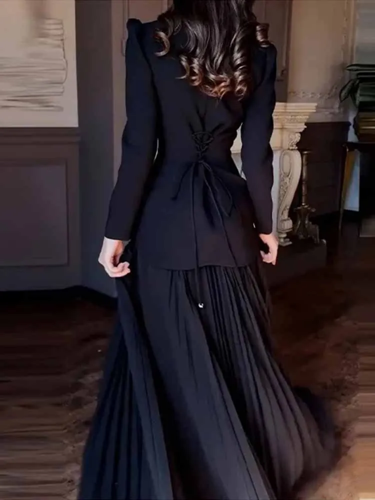 MCDV Luxus Diamanten Abend Party Kleid Frau Chic Langarm Unregelmäßige Gespleißt Plissee Maxi Kleid Elegante Prom Club Robe 2025