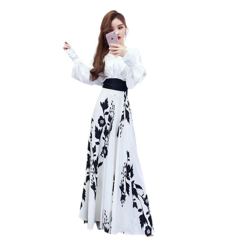 2022Spring Summer Suit Two-Piece Women Loose Long Sleeve Blouse With High Wasit Pants Set Shirt + Printed Wide-leg Culottes Lady