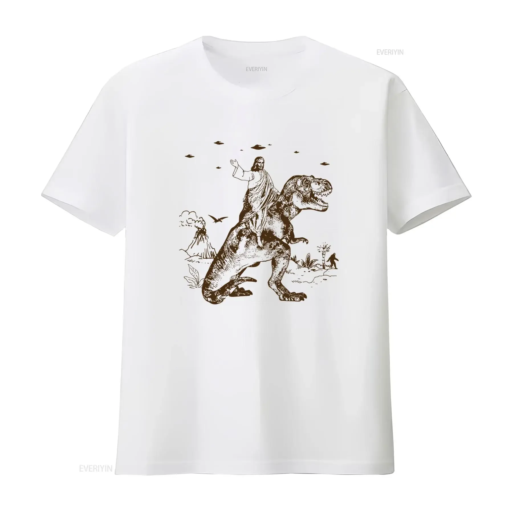 Jesus Riding Dinosaur T Shirt UFO Funny Offensive Cool Crazy Novelty for Guys vintage Washed fashion Comfortable Soft Stretched