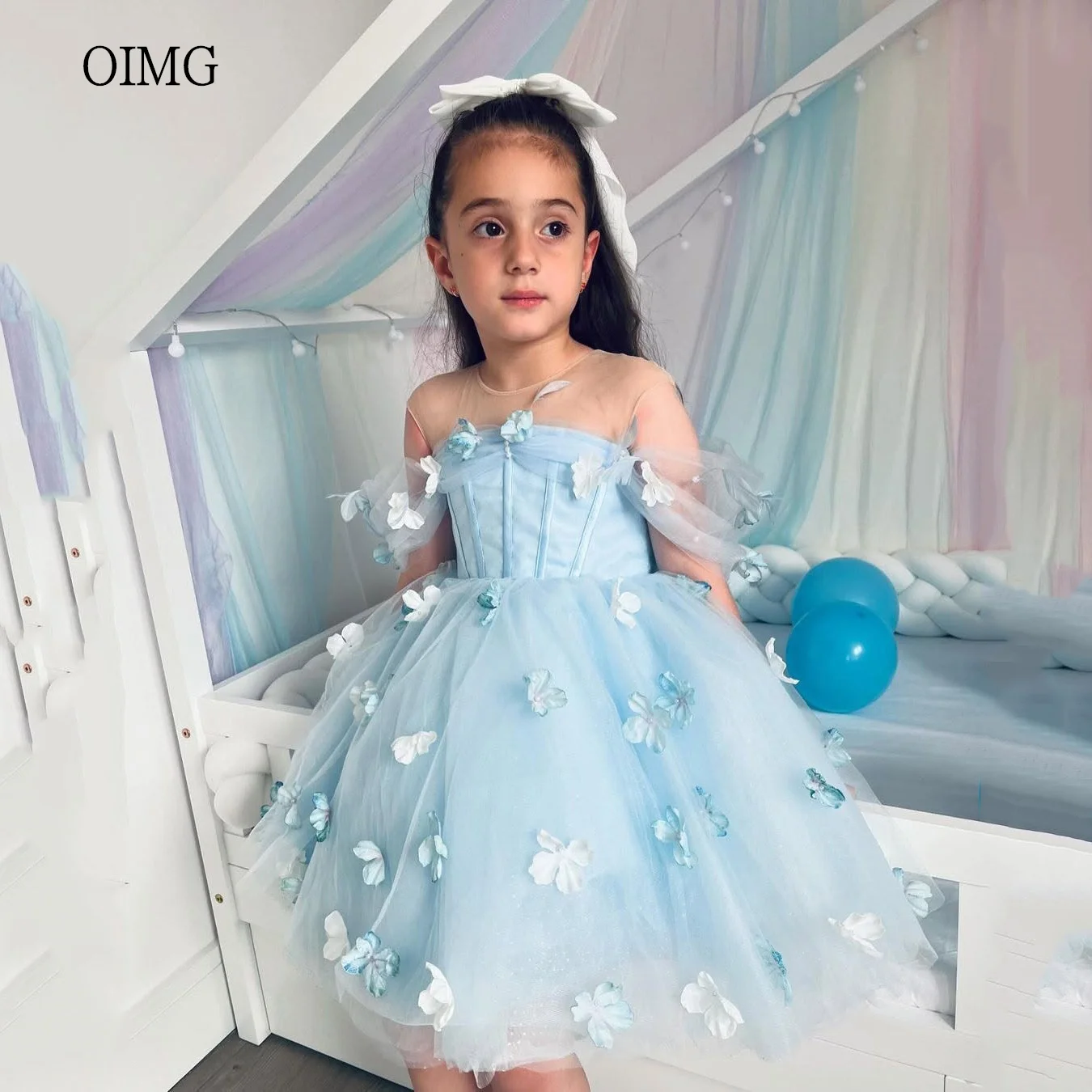 

OIMG Sky Blue Ball Flower Girl Dresses Appliques Off The Shoulder Gown Wedding Party Dress Princess Birthday Dress Customized