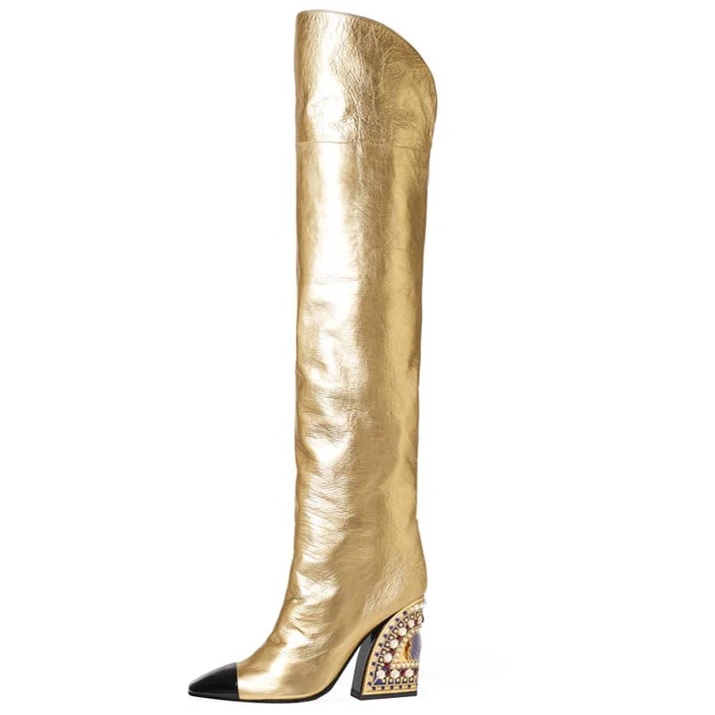 

New Gold Pointed Toe Over-Knee-High Boots For Women Long Boots Women Chunky High Heels Women Shoes Fashion Party Botas de mujer