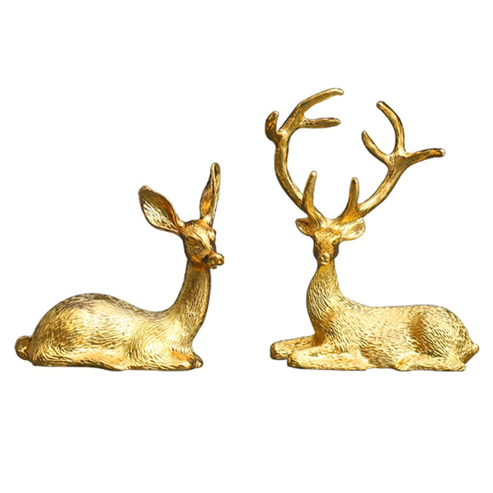 

2 PCS Couple Deer Statue Home Decor Collectible Animal Figurines Office Ornaments Golden