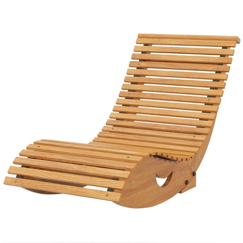 Fauteuil à bascule d'extérieur, dossier haut, base réglable, bois de pin, dimensions : 130 x 60 x 60 cm, marron clair.