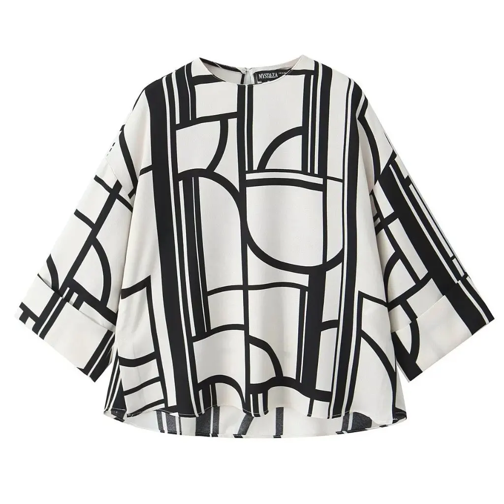 

Winter Fashion Women's Geometric Print Blouse And Wide Leg Pants Set Cross Border X26113