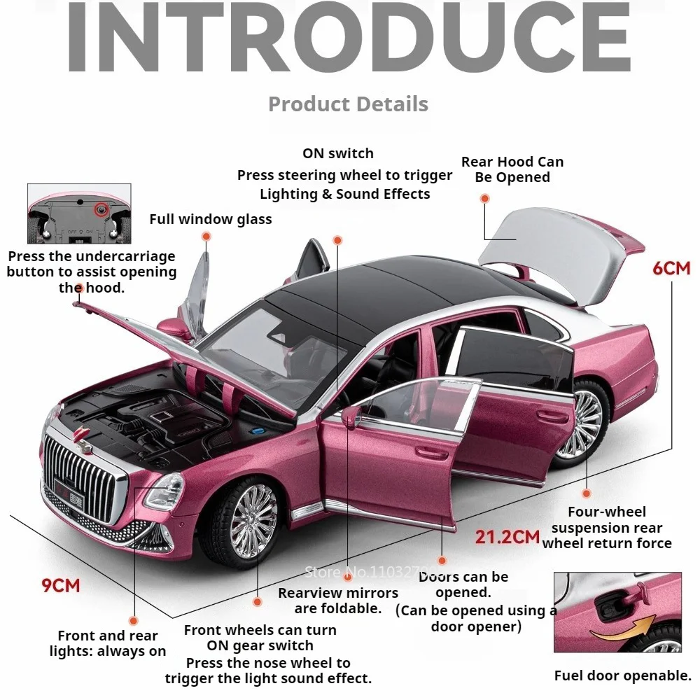 1:24 HongQi Guoya Car Model BYD YANGWANG U9 Alloy Diecast Toys Four Wheel Suspension Doors Opened Sound Light Vehices Kids Gifts