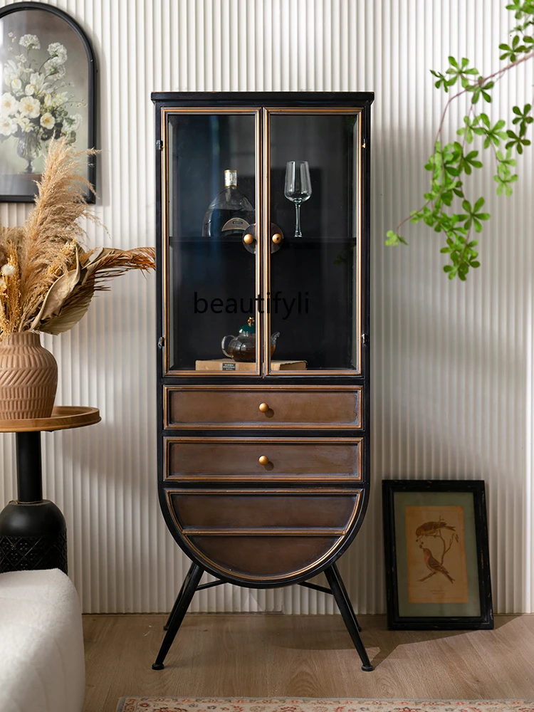 

American Retro Living Room Wine Cabinet Glass Door Solid Wood Wall Locker Clothes Closet Display Cabinet