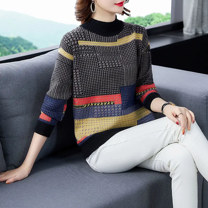 Women Clothes Half High Neck Contrast Knitting Pullovers Top Autumn Winter Long Sleeve O-neck Vintage Sweaters Fashion Casual