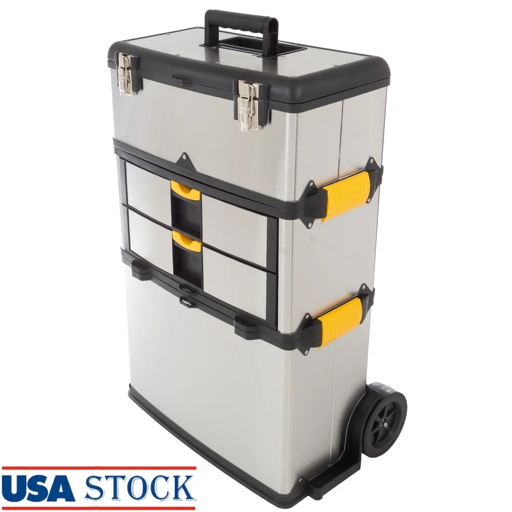 

Portable Rolling Tool Box with Wheels Stackable 3-Part Tool Chest Stainless Steel Construction Extendable Handle Tough Latches