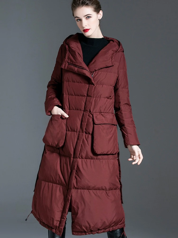 Winter Women's Hooded Down Jacket Over-the-knee Puffer Jacket Thickened White Duck Down Warm Slim-Fit Coat New Trendy Coats