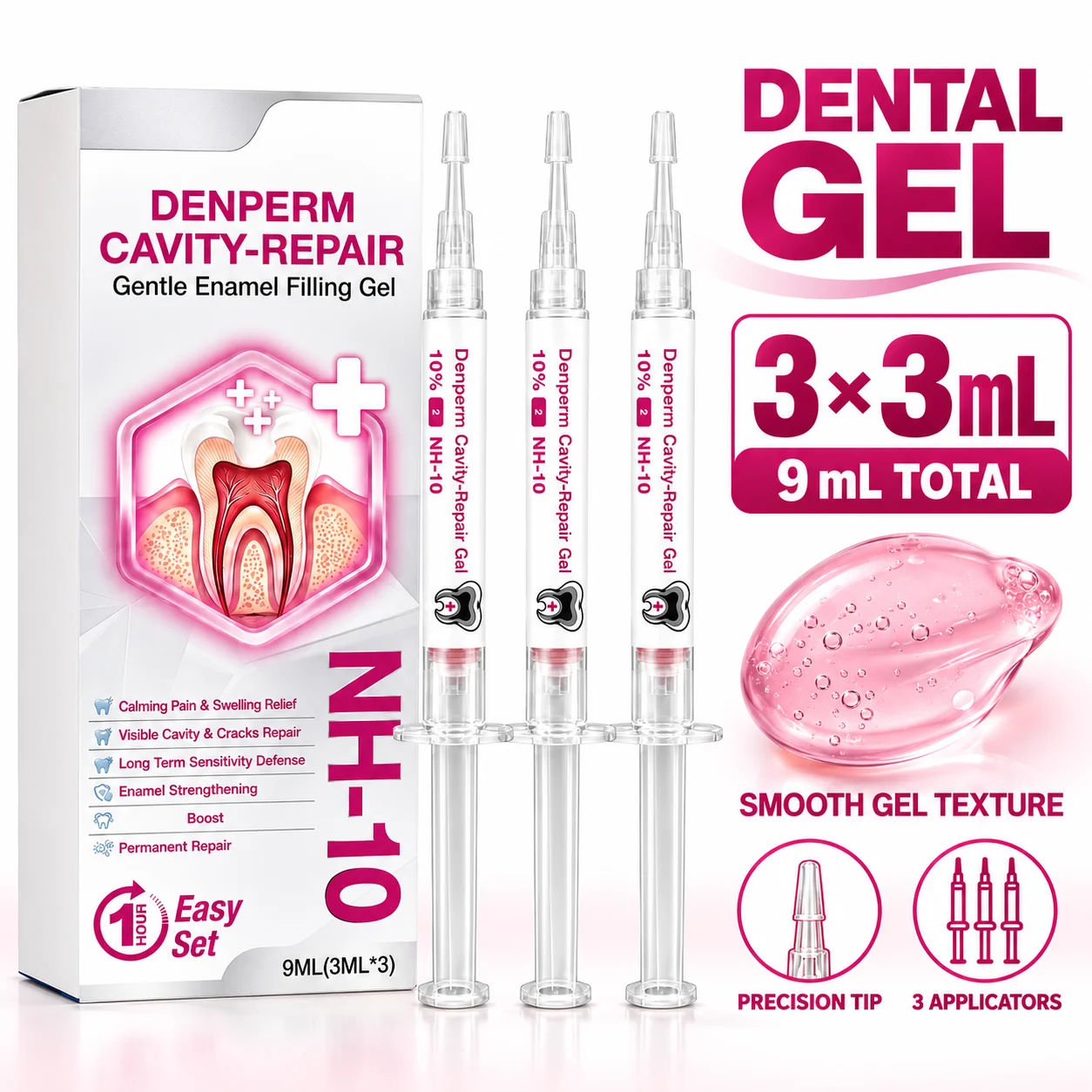 DENPERM Cavity-Repair Gentle Enamel Filling Gel 3ml x 3 NH-10 Enamel Strengthening 3 Syringes Teeth Protection Oral Care Gel