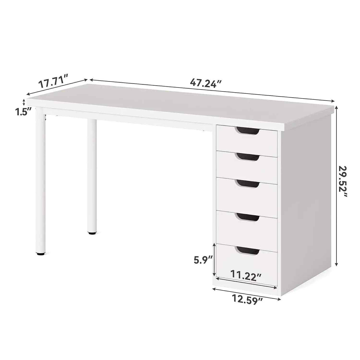 White Modern Computer Desk 5 Drawers 47 Inch Metal Frame Study Writing Work Desk Home Office, Customized