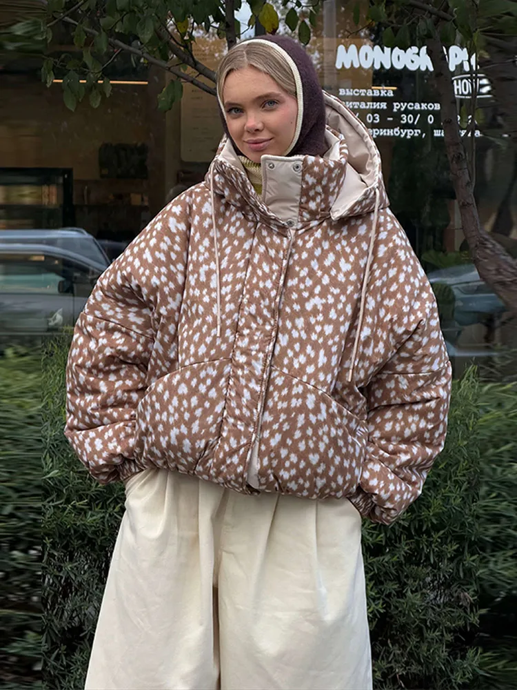 New Fashion Deer Print Women's Jacket Two Way Wear Hooded Long Sleeve Loose Coat Chic High Street Ladies Clothing Winter 2026