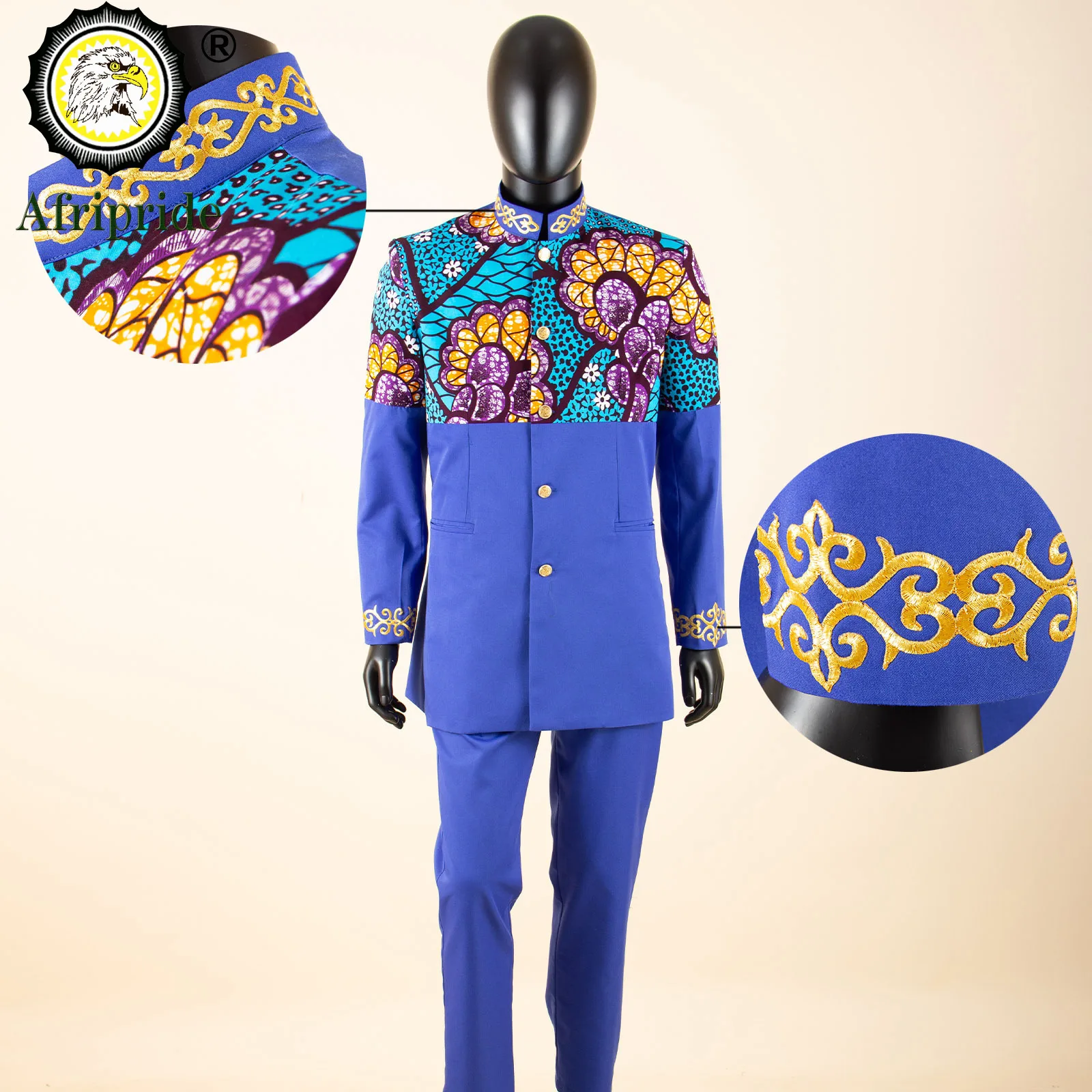 African Clothes for Men Slim Fit Embroidery Single Breasted Full Sleeve Printed Blazer and Pants Set Formal Outfits 2416078