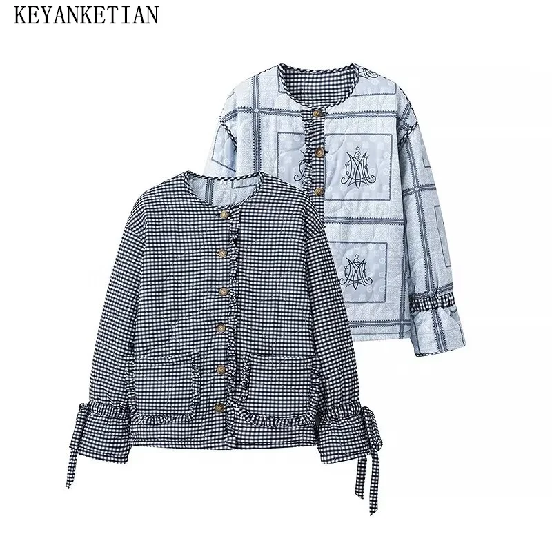 

KEYANKETIAN 2024 Autumn/Winter New Women's Reversible Print Plaid Cotton-padded clothes Single Breasted Loose Short Greatcoat