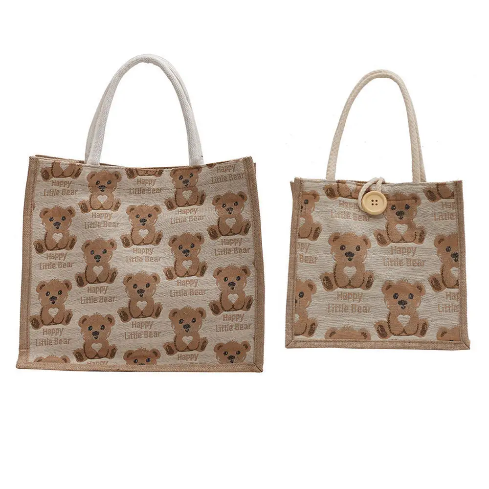 Lightweight Reusable Fabric Storage Bags Buttons Bear Pattern Handbag Adorable Personalized Bento Tote Bag for Outdoors