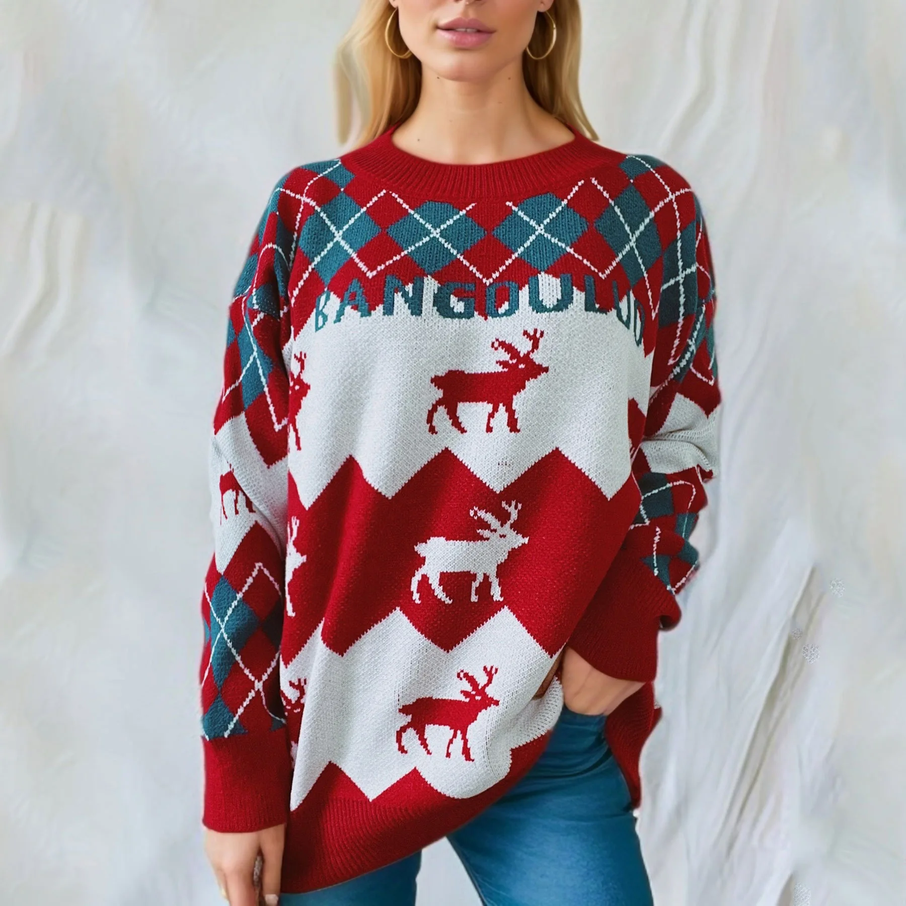 New Year's Sweater Christmas Sweater Round Neck Long Sleeved Color Blocked Christmas Reindeer Knitted Pullover for Women