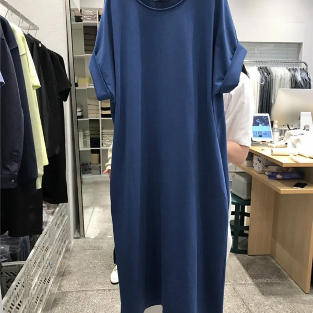 

Women's Short-Sleeved T-shirt Loose Mid-Length Knee-Length Cotton Dress Inspired by South Korea Dongdaemun Summer Fashion