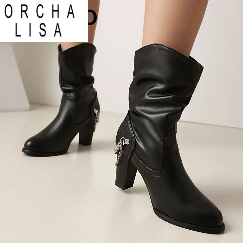 

ORCHA LISA 2025 Новый дизайн Женские ботинки с круглым носком и блочным каблуком 8 см без шнуровки с металлическим украшением Большие размеры 46 47 48 Модная повседневная обувь