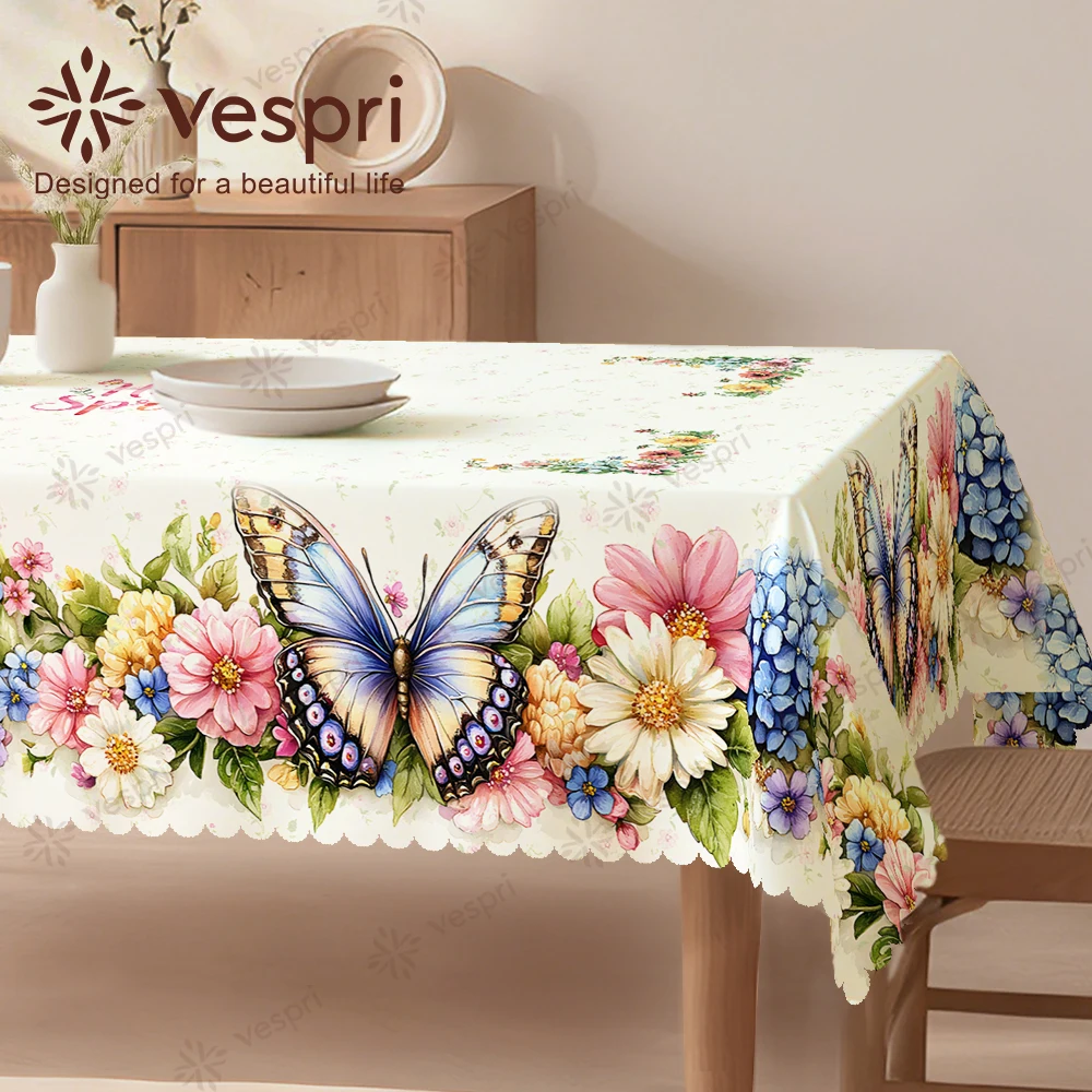 Vespri Frühlingstischdecke Blumenmuster Pastellfarben Ostern mit Weißen Leuchtblumen Schmetterlinge Rund Rechteckig Oval Polyester