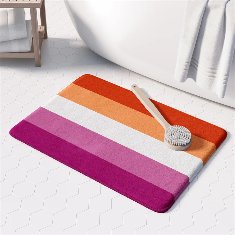 Aertemisi Orange Pink Lesbian Flag 5 Stripes Bath Mat with Non Slip Base Absorbent Super Cozy Flannel Floor Rug Carpet