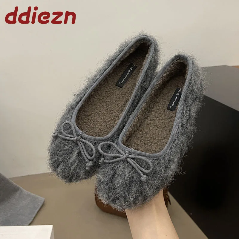 الشتاء الخريف أفخم الأزياء فراشة عقدة السيدات الشقق الأحذية الإناث الأحذية الدافئة الانزلاق على النساء الباليه الشقق مع أحذية الفراء