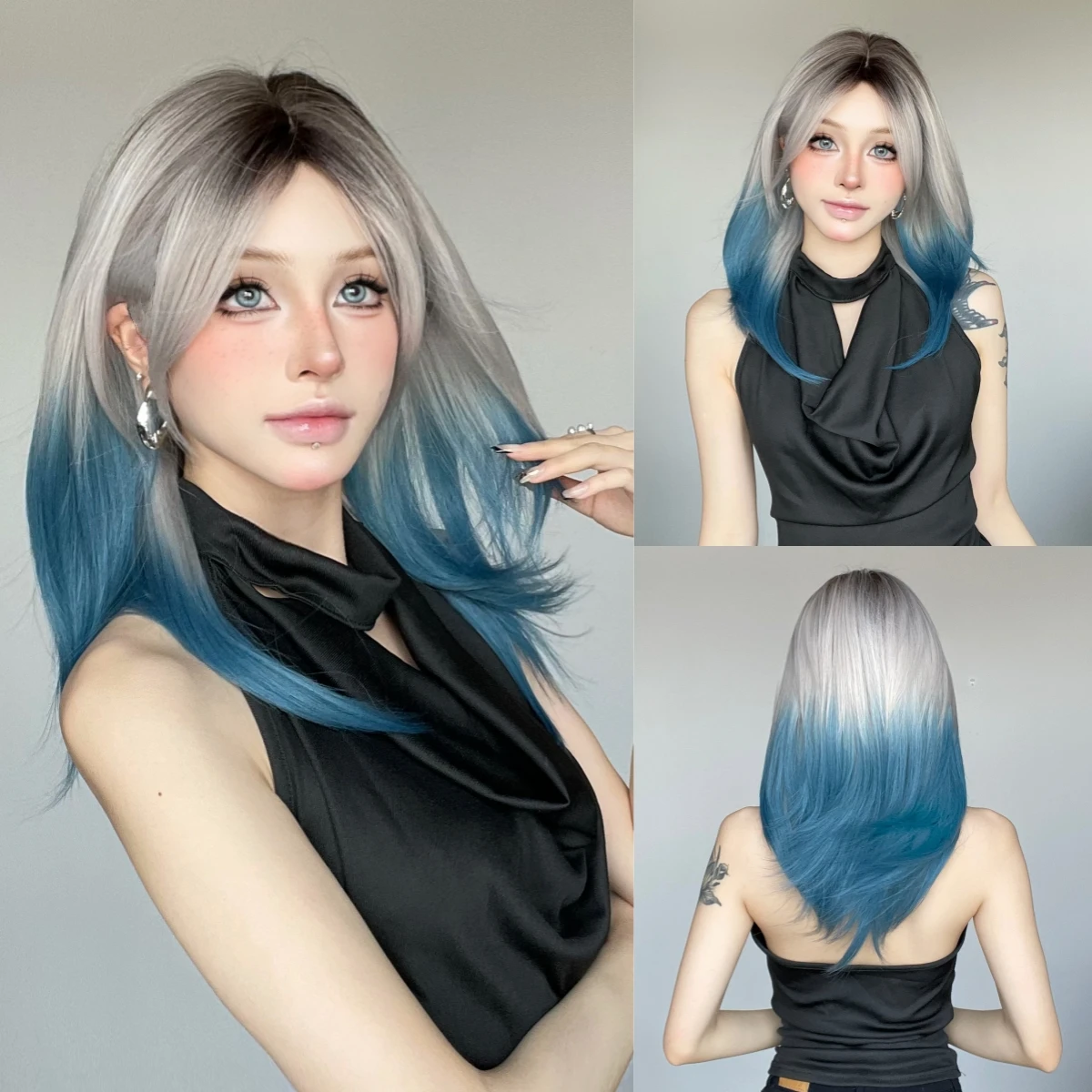 

Allbell Magique Ombre Gray Blue Colorful Wigs For Women Lolita Cosplay Medium Length Straight Layered Synthetic Wigs With Bangs