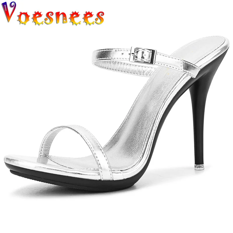 New Design Metal Buckle Slippers Fashion High Heel White One Word Band Shoes Woman Pumps Summer Slides Comfort Everyday Sandals