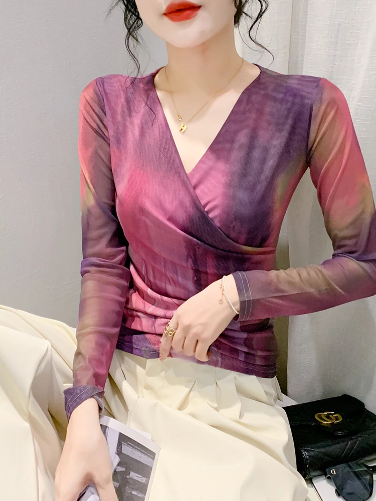 

Модная женская футболка с принтом тай-дай, весенне-осенняя сексуальная длинная футболка с v-образным вырезом и узкой талией Me Top