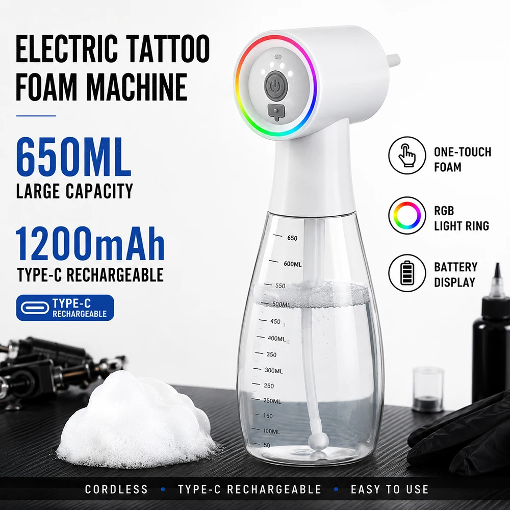 Electric Tattoo Foam Machine 650ml Large Capacity 1200mAh Rechargeable One-Touch Foam Gun for Tattoo Cleaning Tool Tattoo Supply