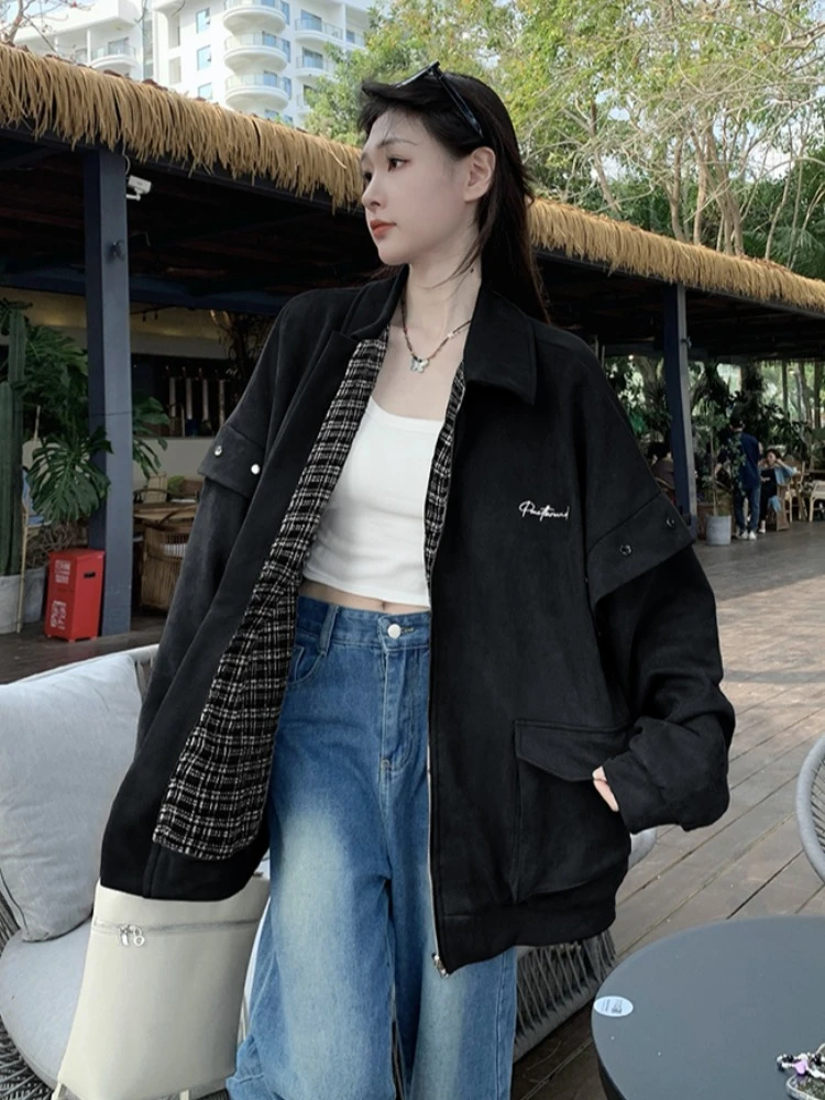 Reversible Women Patchwork Plaid Casual Jackets Women Y2k Aesthetic Zipper Oversized Coats Grunge Loose Vintage Embroidery  Tops