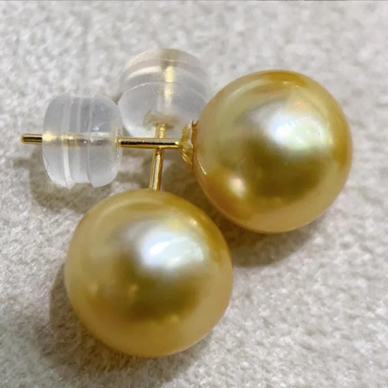 Natural 13-14mm Genuine Golden Round Pearl Earring  for Women Pearl Earrings
