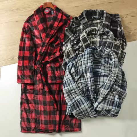 Autumn Winter Men Long Robes Home Wear Flannel Grid Robe Warmth Pajamas Plaid Bathrobe Mens Nightgown
