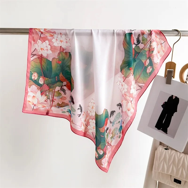 

Luxury Neck Head Scarf Imitation Silk Square Scarf Women‘s Lotus Print Neckerchief Bandanas Foulard Hairband Shawls Wraps